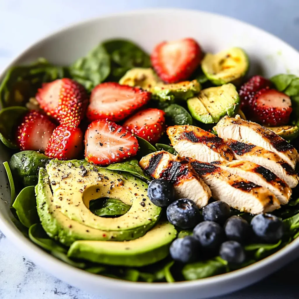 Avocado Strawberry Spinach Salad with Grilled Chicken