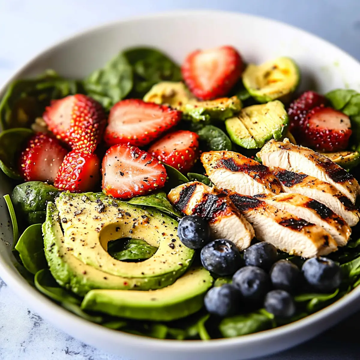 Avocado Strawberry Spinach Salad with Grilled Chicken