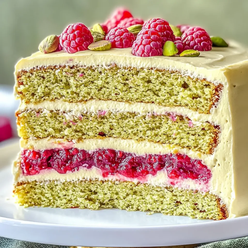 Pistachio Cake with Raspberry Filling and French Buttercream