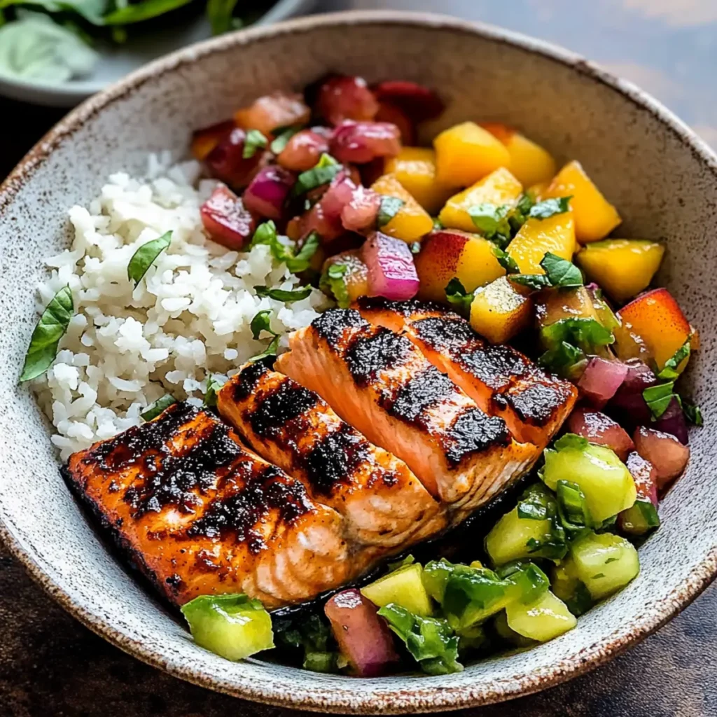 Crispy BBQ Salmon Bowls with Roasted Jalapeño Peach Salsa