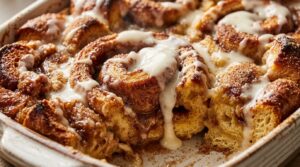 Ultra close-up macro of cinnamon roll French toast bake with golden caramelized brioche edges, cinnamon sugar ribbons, and warm dripping vanilla cream cheese glaze