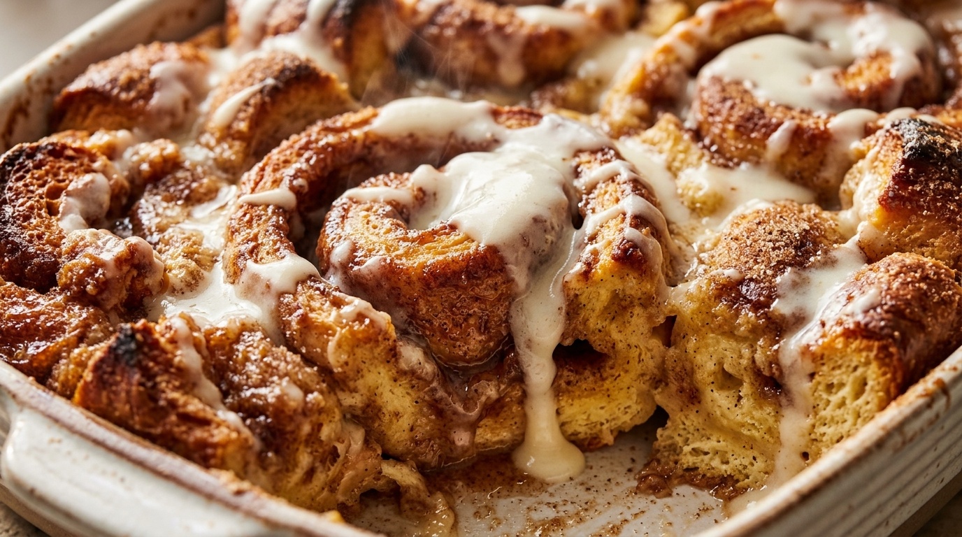 Ultra close-up macro of cinnamon roll French toast bake with golden caramelized brioche edges, cinnamon sugar ribbons, and warm dripping vanilla cream cheese glaze
