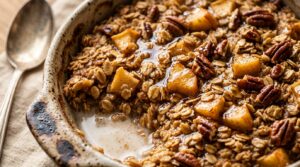 Ultra close-up macro of bubbling cozy apple cinnamon baked oatmeal in casserole dish with toasted pecans and maple syrup