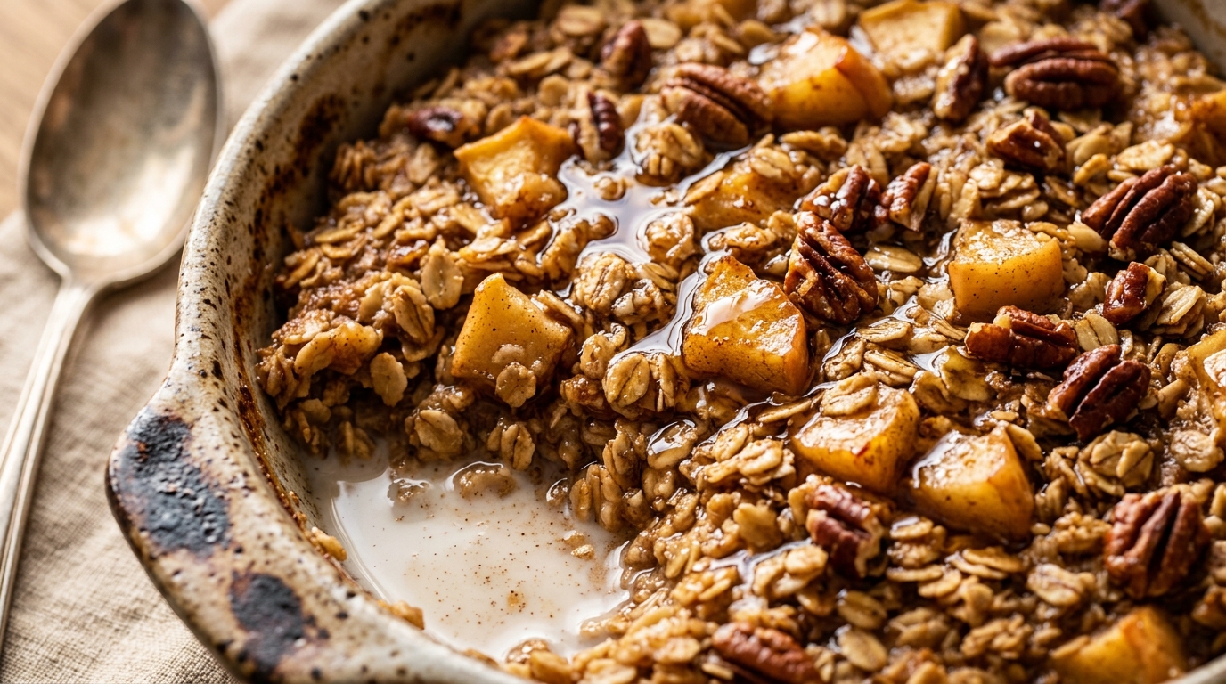 Ultra close-up macro of bubbling cozy apple cinnamon baked oatmeal in casserole dish with toasted pecans and maple syrup