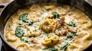 Ultra close-up macro of creamy Tuscan tortellini vegetable soup featuring tender three-cheese tortellini, vibrant baby spinach, carrots, and rich simmering parmesan herb broth