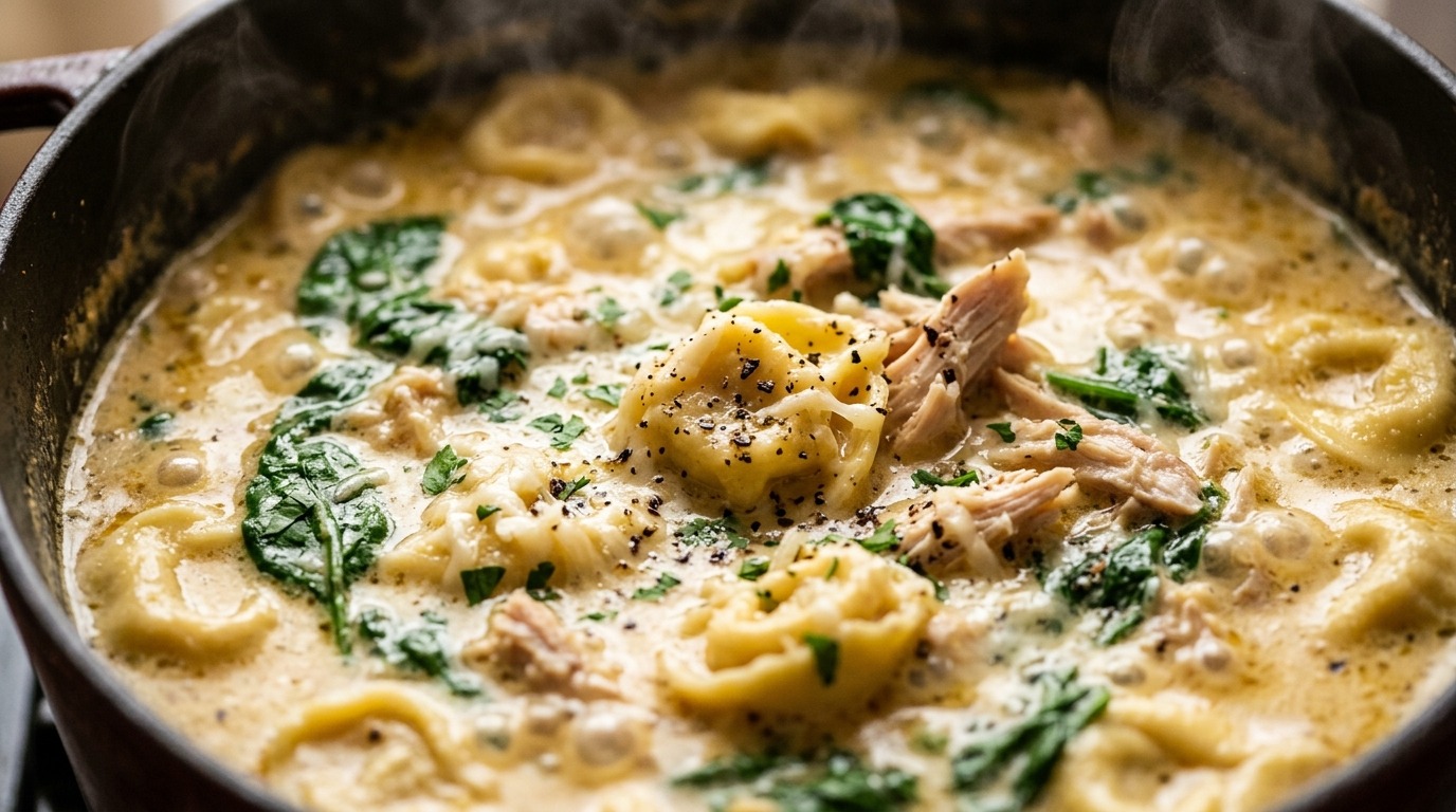 Ultra close-up macro of creamy Tuscan tortellini vegetable soup featuring tender three-cheese tortellini, vibrant baby spinach, carrots, and rich simmering parmesan herb broth