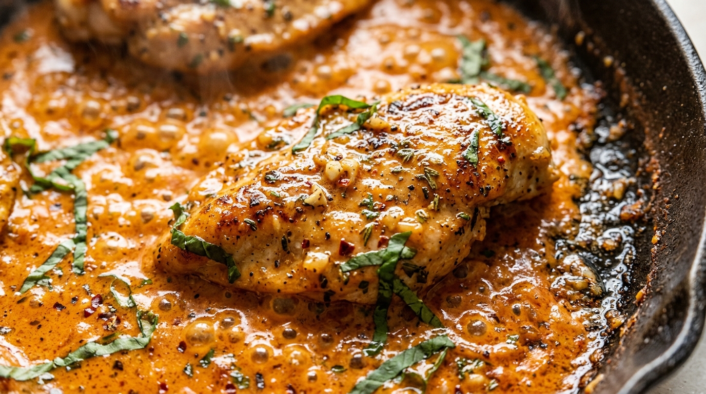 Ultra close-up macro of Creamy Roasted Red Pepper Chicken Skillet simmering in garlic cream sauce