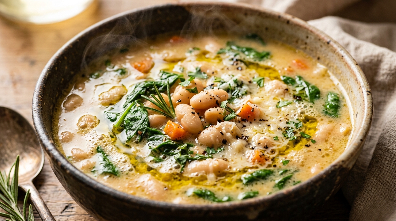 Ultra close-up macro of cozy creamy white bean and spinach soup in rustic ceramic bowl