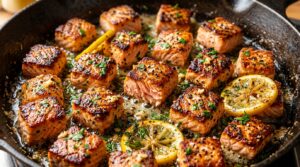 Ultra close-up macro of crispy golden pan-seared lemon butter salmon bites sizzling in cast iron skillet