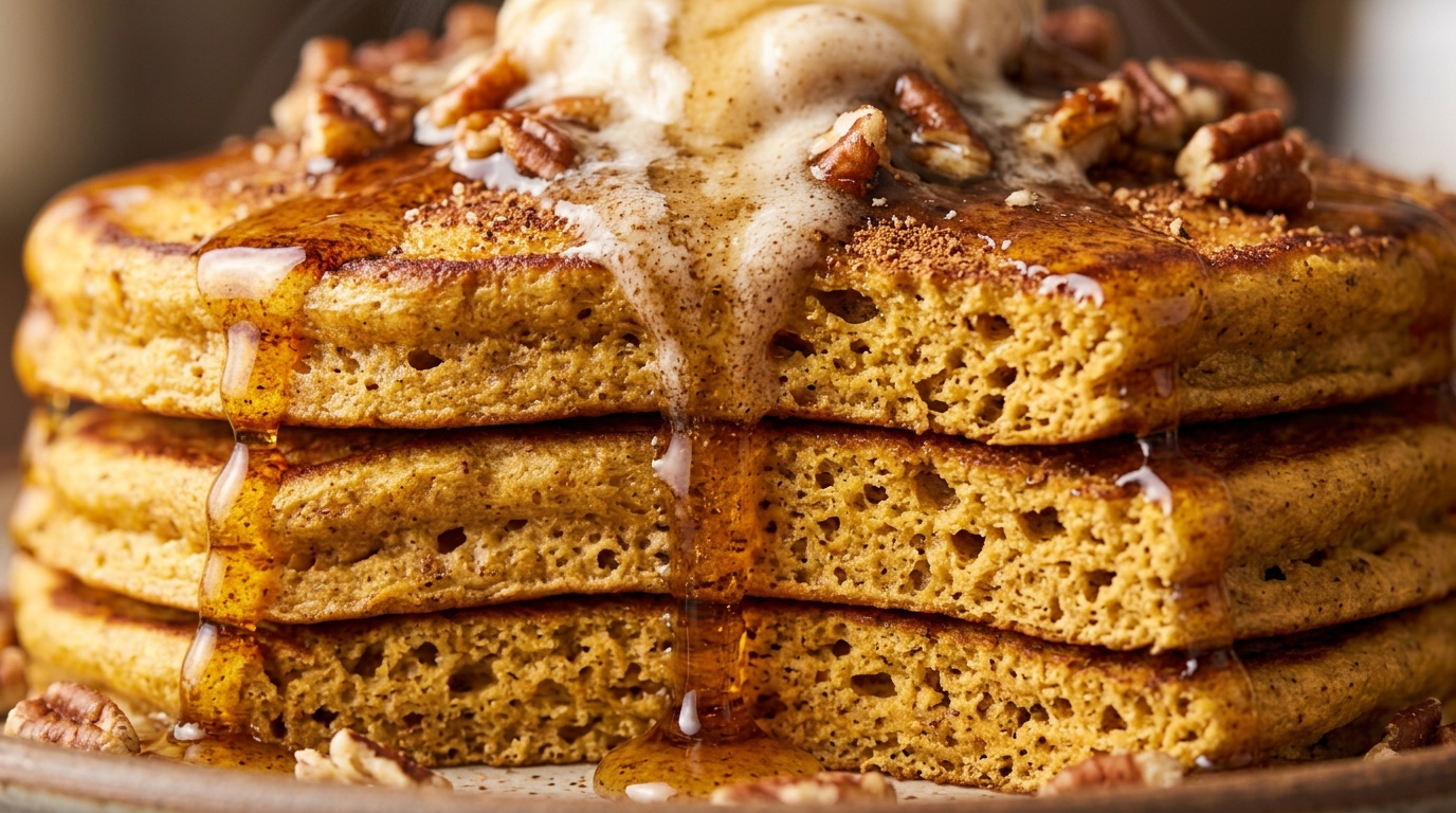Ultra close-up macro of tall fluffy spiced pumpkin pancakes stacked high with melting butter and glistening pure maple syrup drip