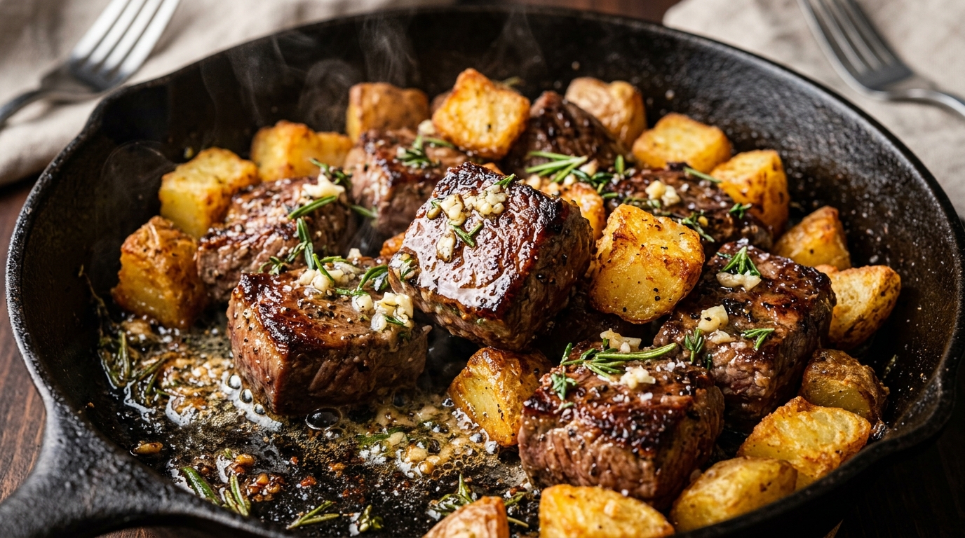 Ultra close-up macro of sizzling garlic butter steak bites and golden potatoes in cast iron skillet