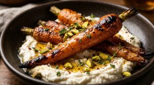 Ultra close-up macro of honey glazed roasted carrots with caramelized edges resting on a bed of velvety whipped feta with roasted pistachios