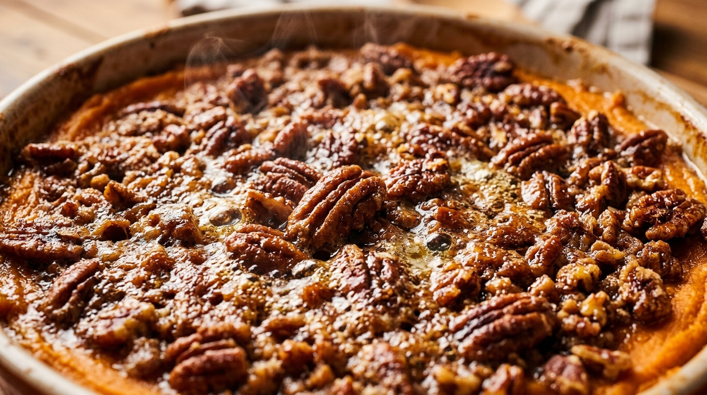 Ultra close-up macro of bubbling loaded sweet potato casserole with toasted crunchy pecan streusel