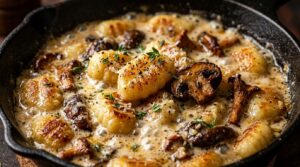 Ultra close-up macro of one-pan creamy garlic mushroom gnocchi with golden pan-seared potato gnocchi and cremini mushrooms in bubbling parmesan cream sauce