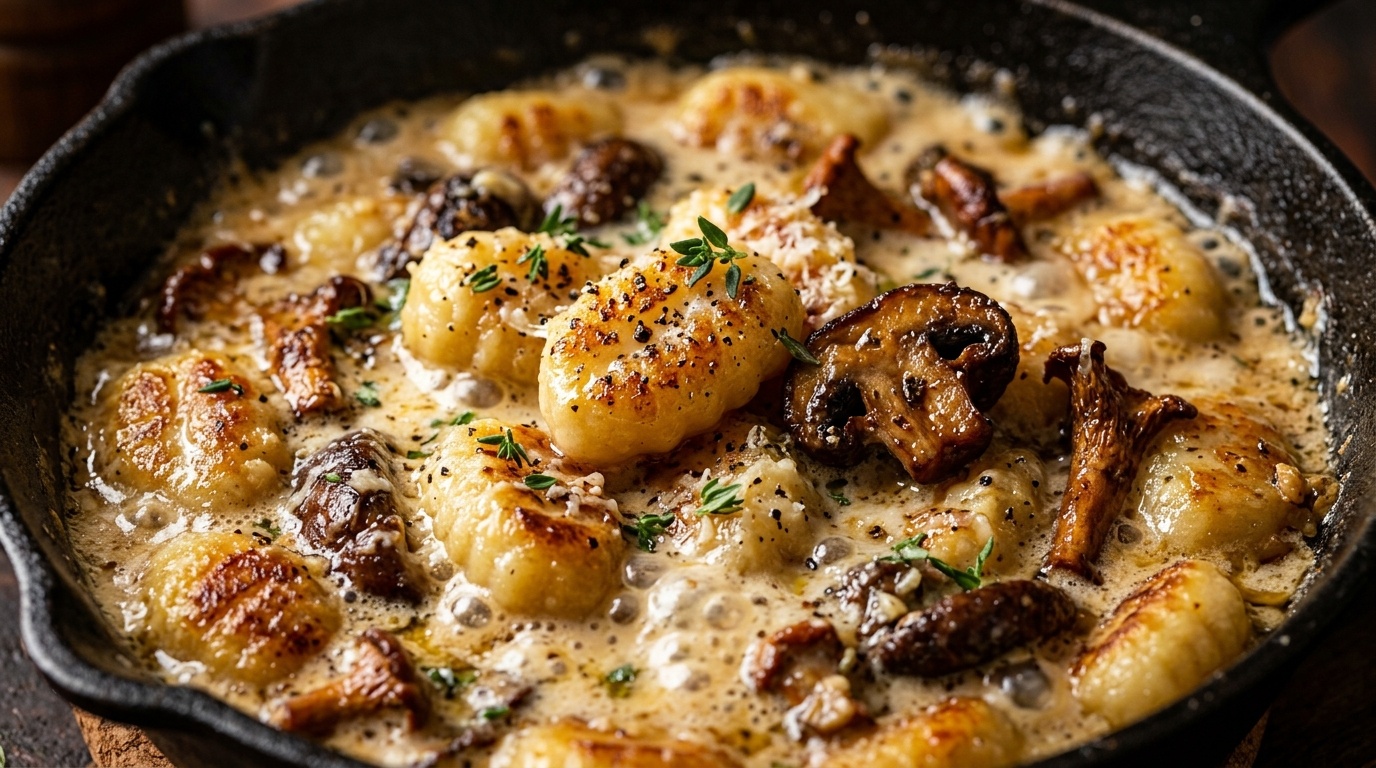 Ultra close-up macro of one-pan creamy garlic mushroom gnocchi with golden pan-seared potato gnocchi and cremini mushrooms in bubbling parmesan cream sauce