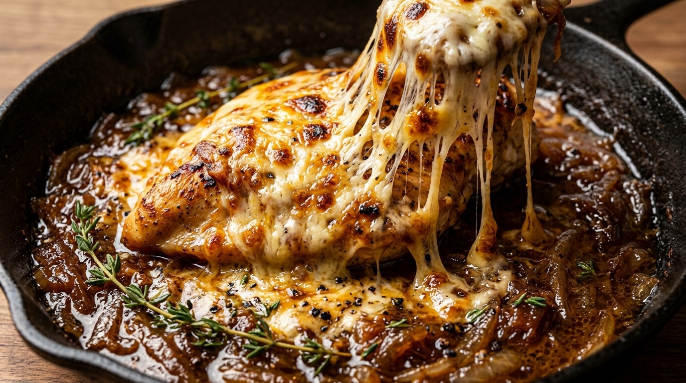 Ultra close-up macro of one-pan French onion chicken skillet with melted bubbling Gruyere cheese pull and jammy caramelized onions