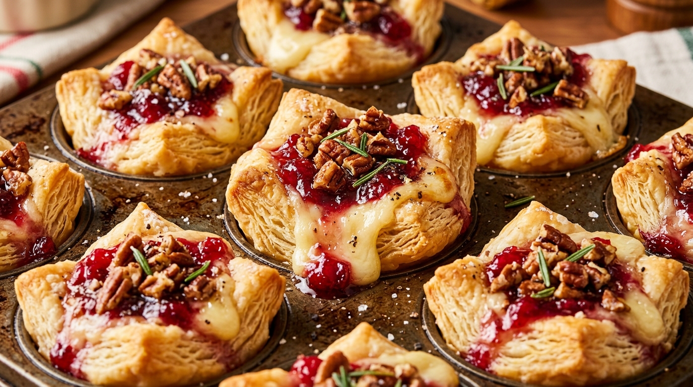 Ultra close-up macro of bubbling molten pecan cranberry brie puff pastry bites fresh in mini muffin tin