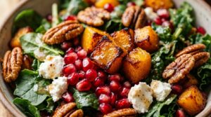 Ultra close-up macro of roasted butternut squash harvest salad with caramelized squash cubes, baby kale, pomegranate seeds, and goat cheese