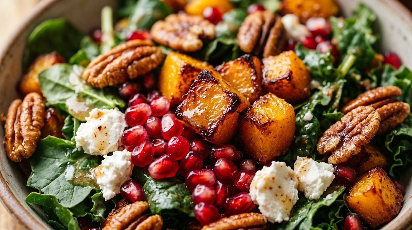 Ultra close-up macro of roasted butternut squash harvest salad with caramelized squash cubes, baby kale, pomegranate seeds, and goat cheese