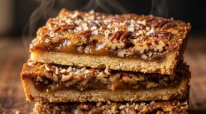 Ultra close-up macro of salted caramel pecan pie cheesecake bars showing buttery shortbread crust, creamy vanilla cheesecake layer, and glossy gooey toasted pecan caramel topping