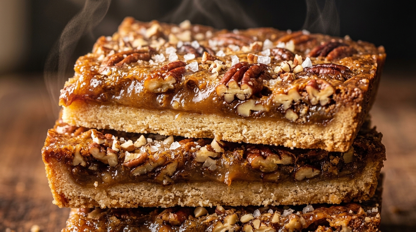 Ultra close-up macro of salted caramel pecan pie cheesecake bars showing buttery shortbread crust, creamy vanilla cheesecake layer, and glossy gooey toasted pecan caramel topping