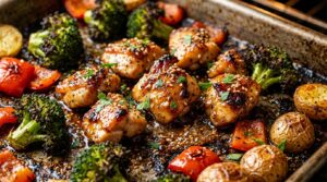 Ultra close-up macro of sheet pan honey garlic chicken and roasted veggies with sizzling caramelized glaze, crisp potatoes, and charred broccoli florets