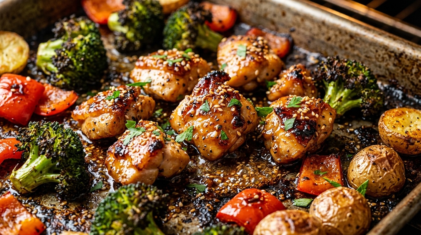 Ultra close-up macro of sheet pan honey garlic chicken and roasted veggies with sizzling caramelized glaze, crisp potatoes, and charred broccoli florets