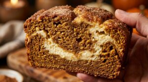 Ultra close-up macro of spiced pumpkin cream cheese swirl bread with thick moist spiced crumb and luscious creamy vanilla cheesecake swirl