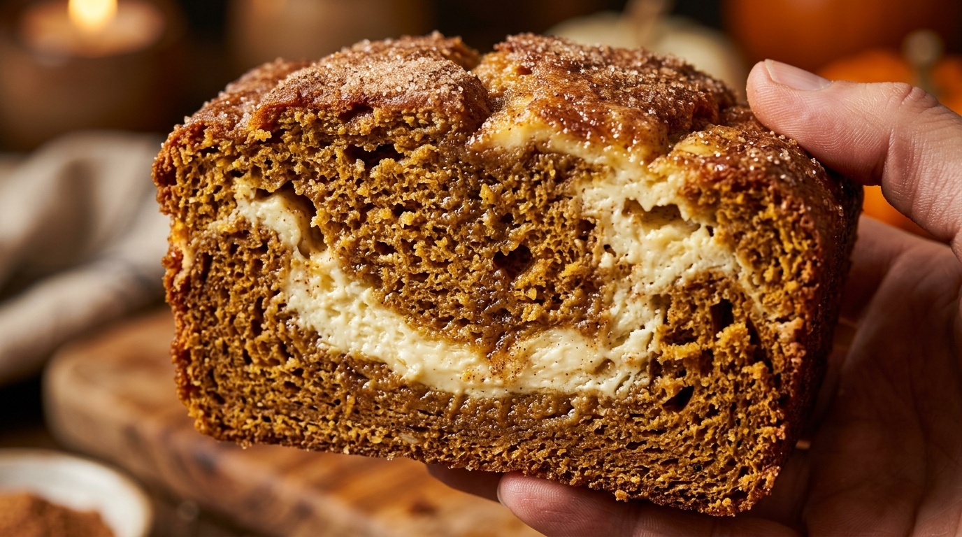 Ultra close-up macro of spiced pumpkin cream cheese swirl bread with thick moist spiced crumb and luscious creamy vanilla cheesecake swirl