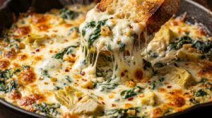 Ultra close-up macro of warm creamy garlic spinach artichoke dip bubbling in cast-iron skillet with golden-brown melted mozzarella cheese pull