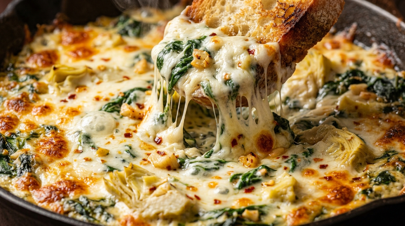 Ultra close-up macro of warm creamy garlic spinach artichoke dip bubbling in cast-iron skillet with golden-brown melted mozzarella cheese pull