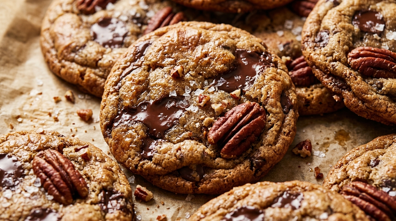 Ultra close-up macro of thick chewy brown butter pecan cookies with toasted nuts and flaky sea salt crystals
