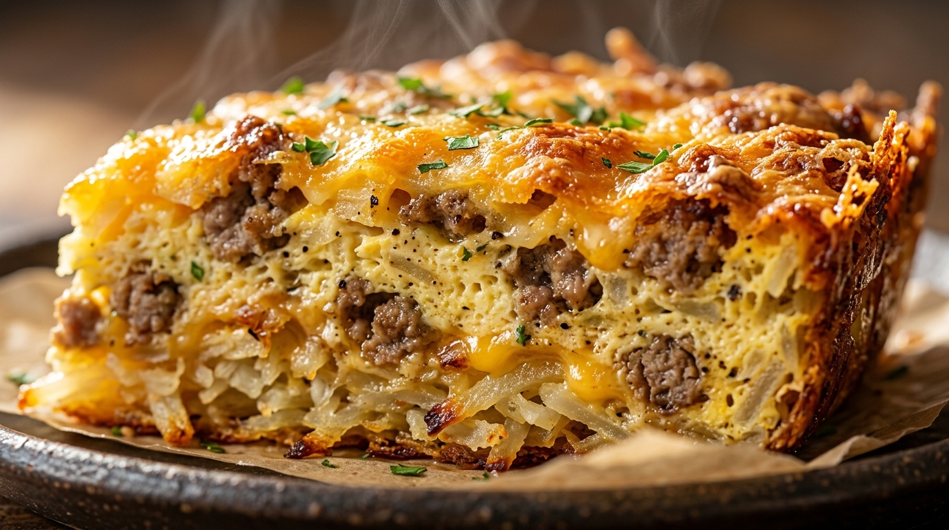 Ultra close-up macro of bubbling cheesy hashbrown breakfast casserole with browned turkey sausage