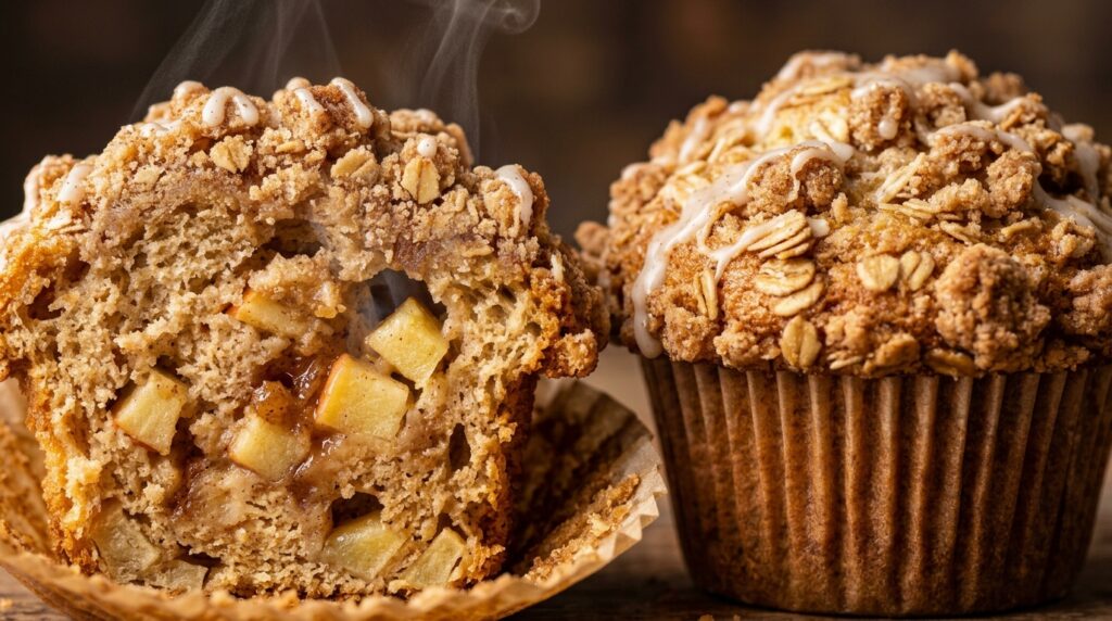Ultra close-up macro of bakery style cinnamon apple streusel muffin with crispy buttery brown sugar crumb topping and tender diced apples