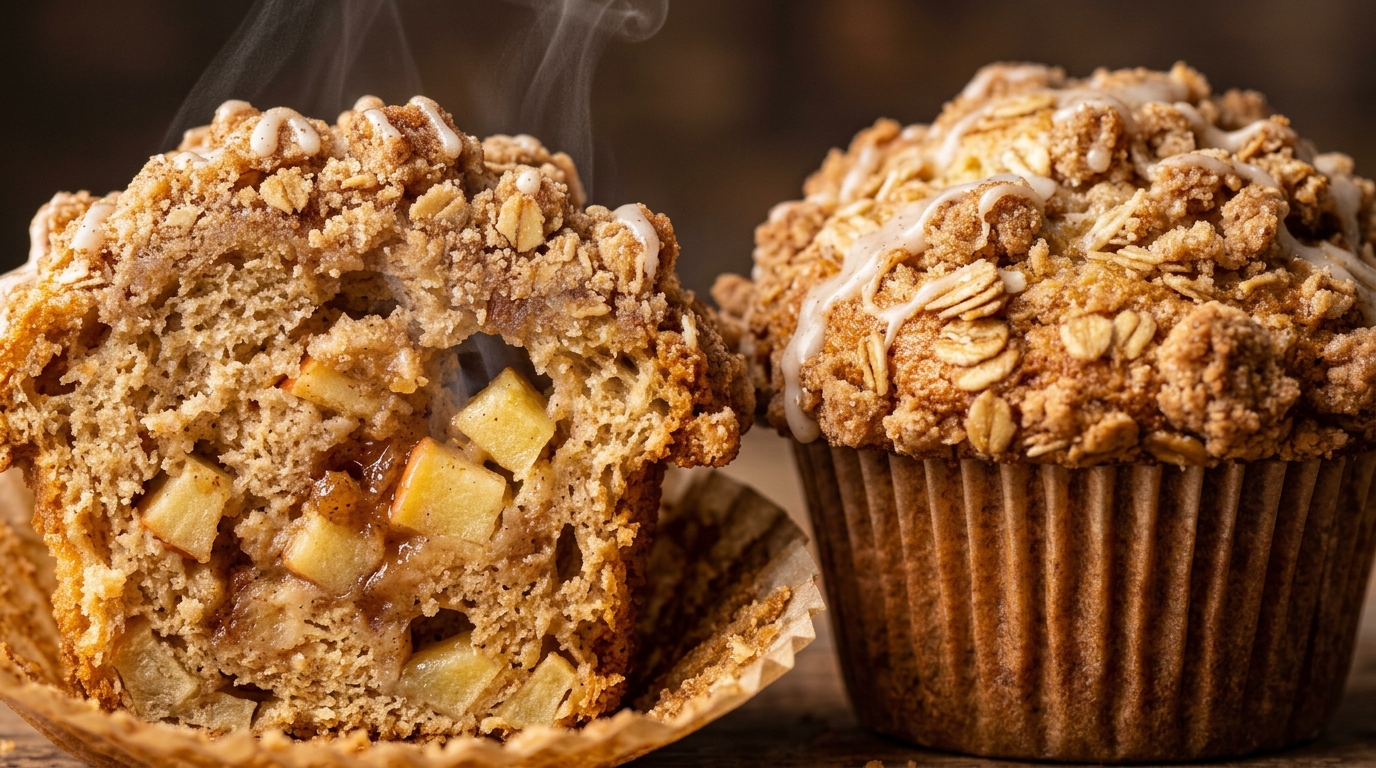 Ultra close-up macro of bakery style cinnamon apple streusel muffin with crispy buttery brown sugar crumb topping and tender diced apples