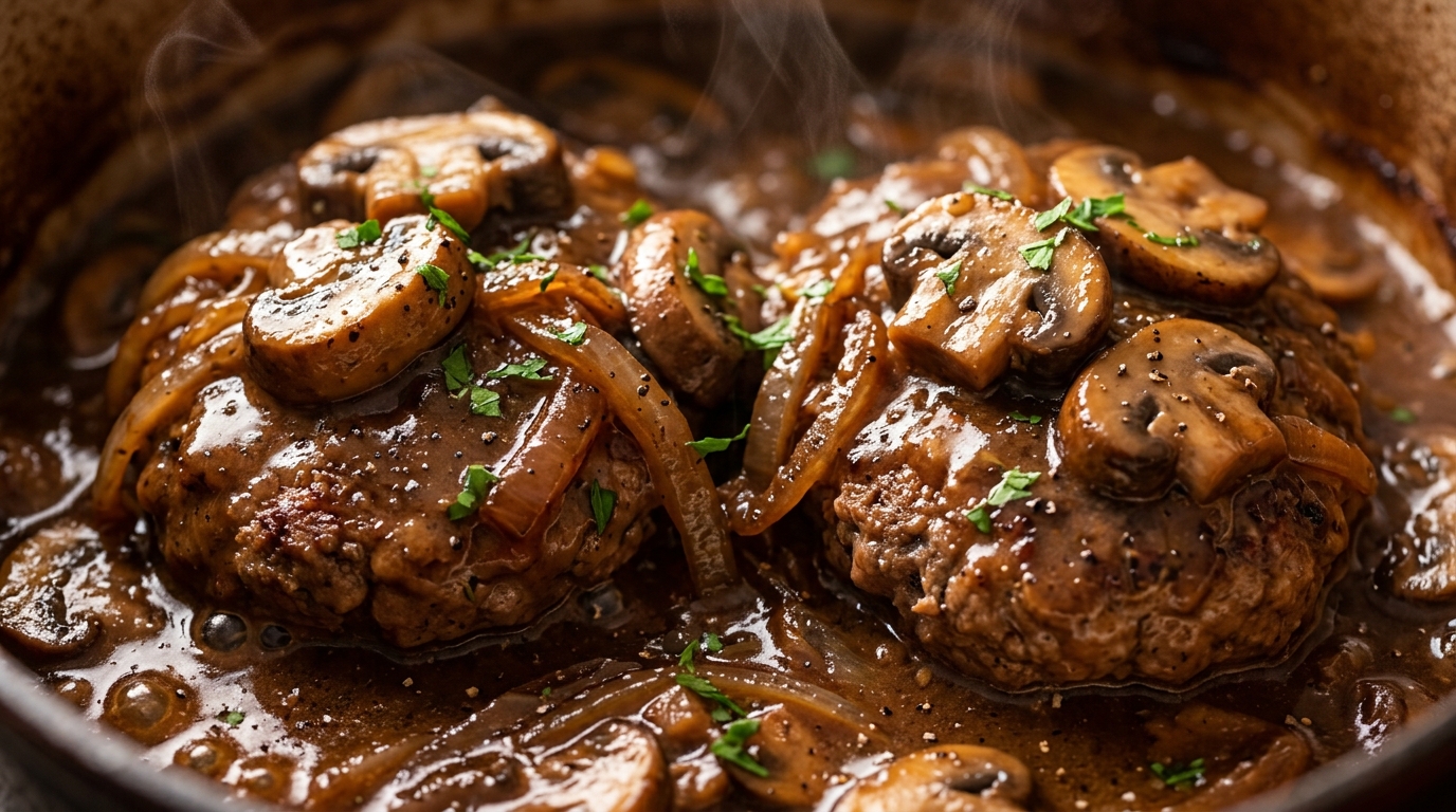 Ultra close-up macro of tender Salisbury steak patties swimming in rich mushroom onion gravy