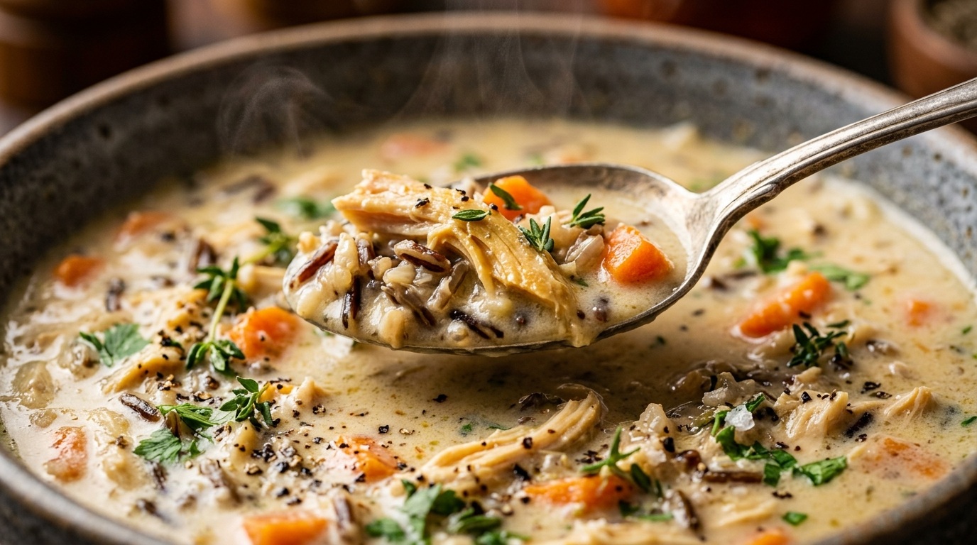 Ultra close-up macro of cozy creamy chicken and wild rice soup in ceramic bowl with tender shredded chicken, nutty wild rice grains, and cracked black pepper