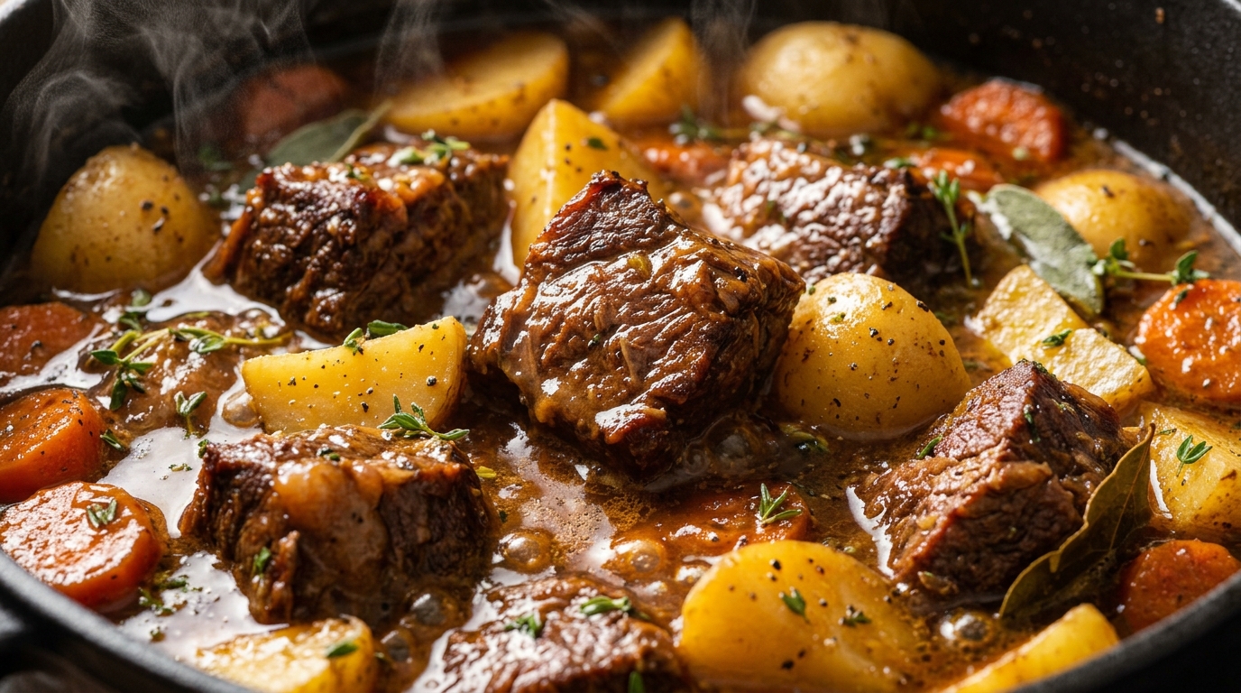Ultra close-up macro of cozy old-fashioned beef and vegetable stew in cast iron Dutch oven with fork-tender beef chuck, sweet carrots, and rich mahogany gravy