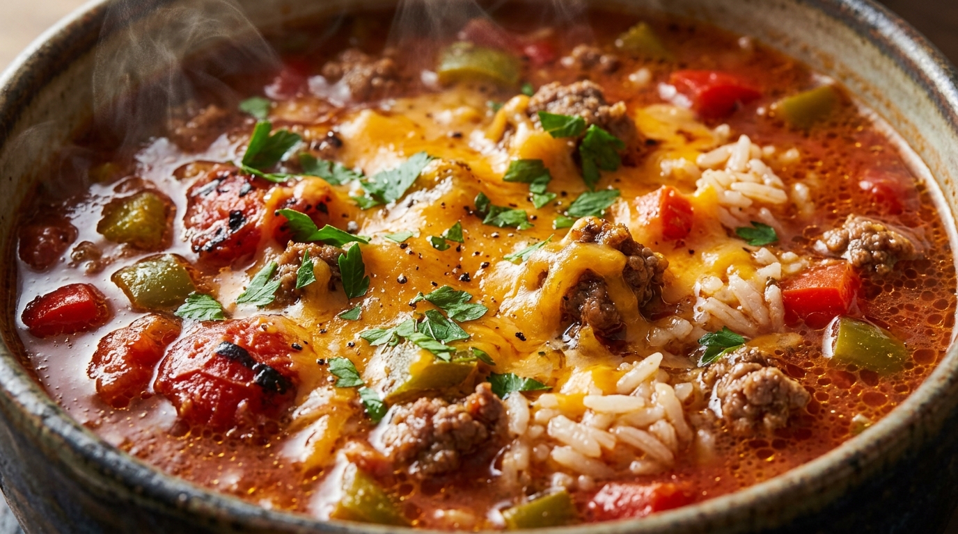 Ultra close-up macro of steaming stuffed bell pepper soup with seasoned beef, tricolor peppers, and rice