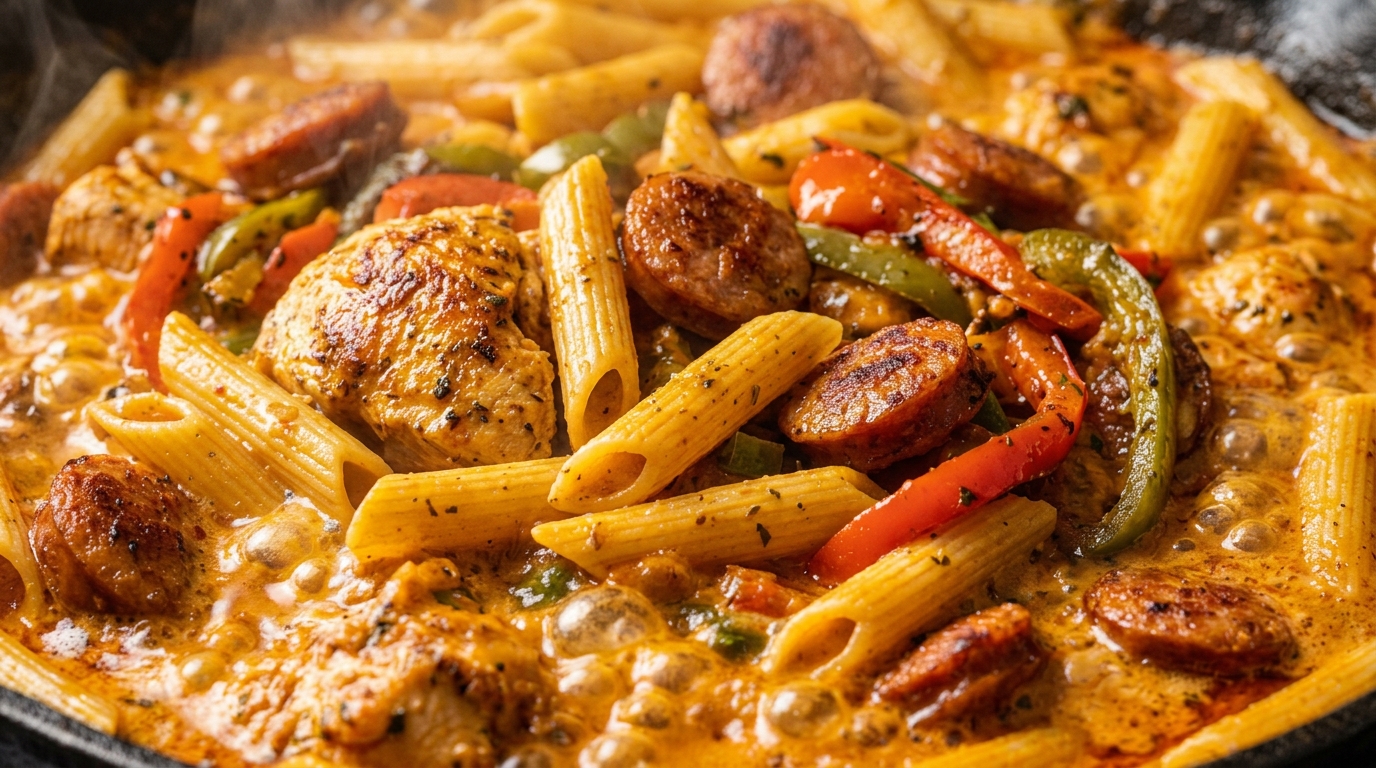 Ultra close-up macro of creamy Cajun penne pasta with seared chicken, smoky beef sausage, and bell peppers