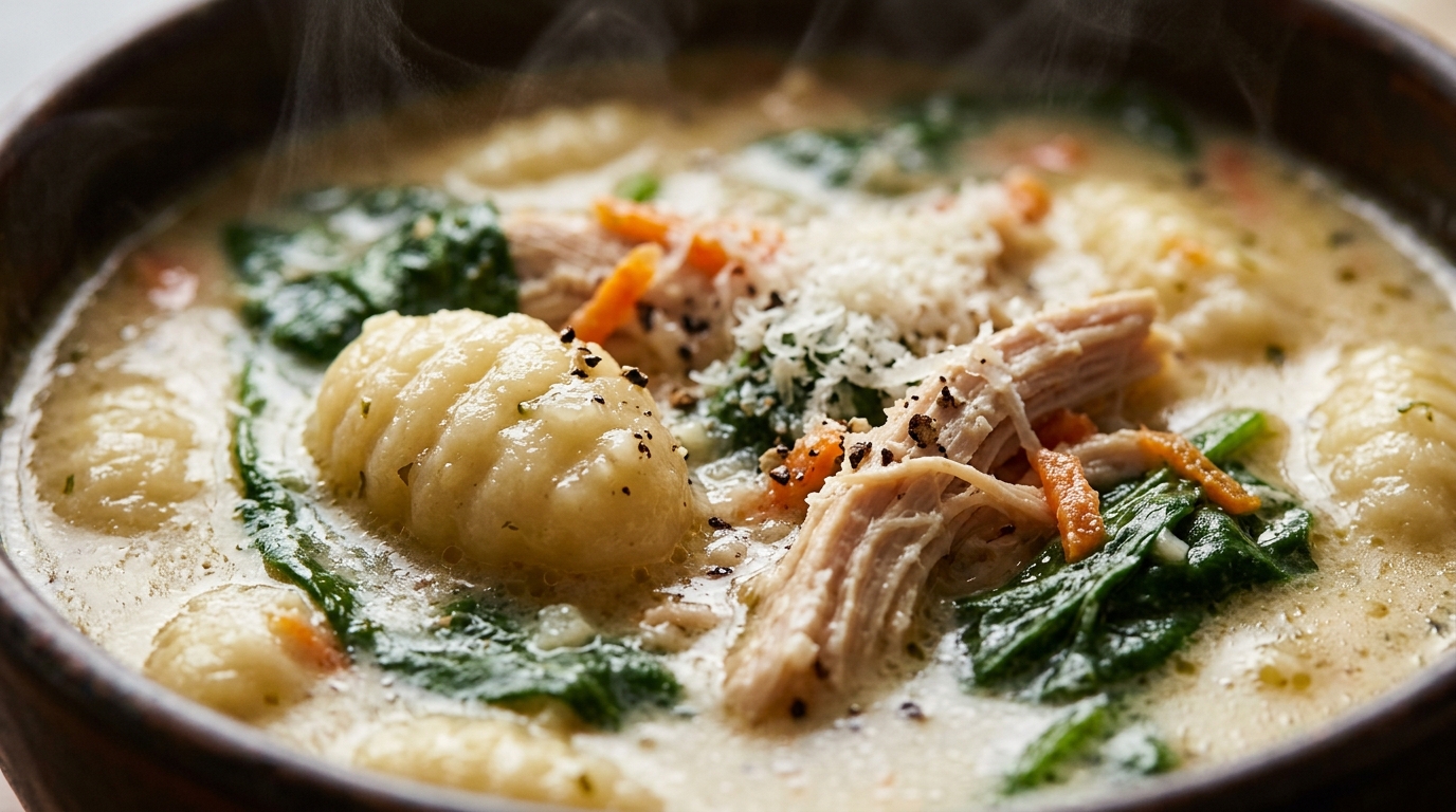 Ultra close-up macro of creamy chicken gnocchi soup with tender potato gnocchi, shredded chicken, and spinach