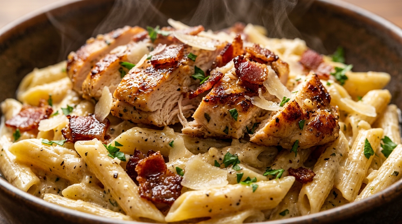 Ultra close-up macro of creamy garlic herb chicken pasta with golden seared chicken and glistening parmesan sauce
