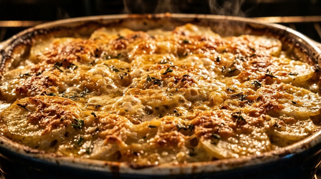 Ultra close-up macro of bubbling golden brown creamy garlic Parmesan scalloped potatoes with crispy cheese crust and tender potato layers