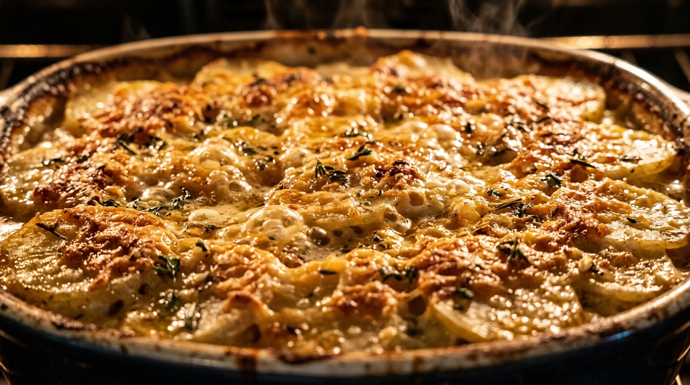 Ultra close-up macro of bubbling golden brown creamy garlic Parmesan scalloped potatoes with crispy cheese crust and tender potato layers