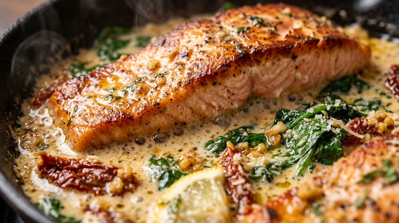 Ultra close-up macro of crispy pan-seared salmon nestled in creamy garlic Tuscan sauce with spinach and sun-dried tomatoes