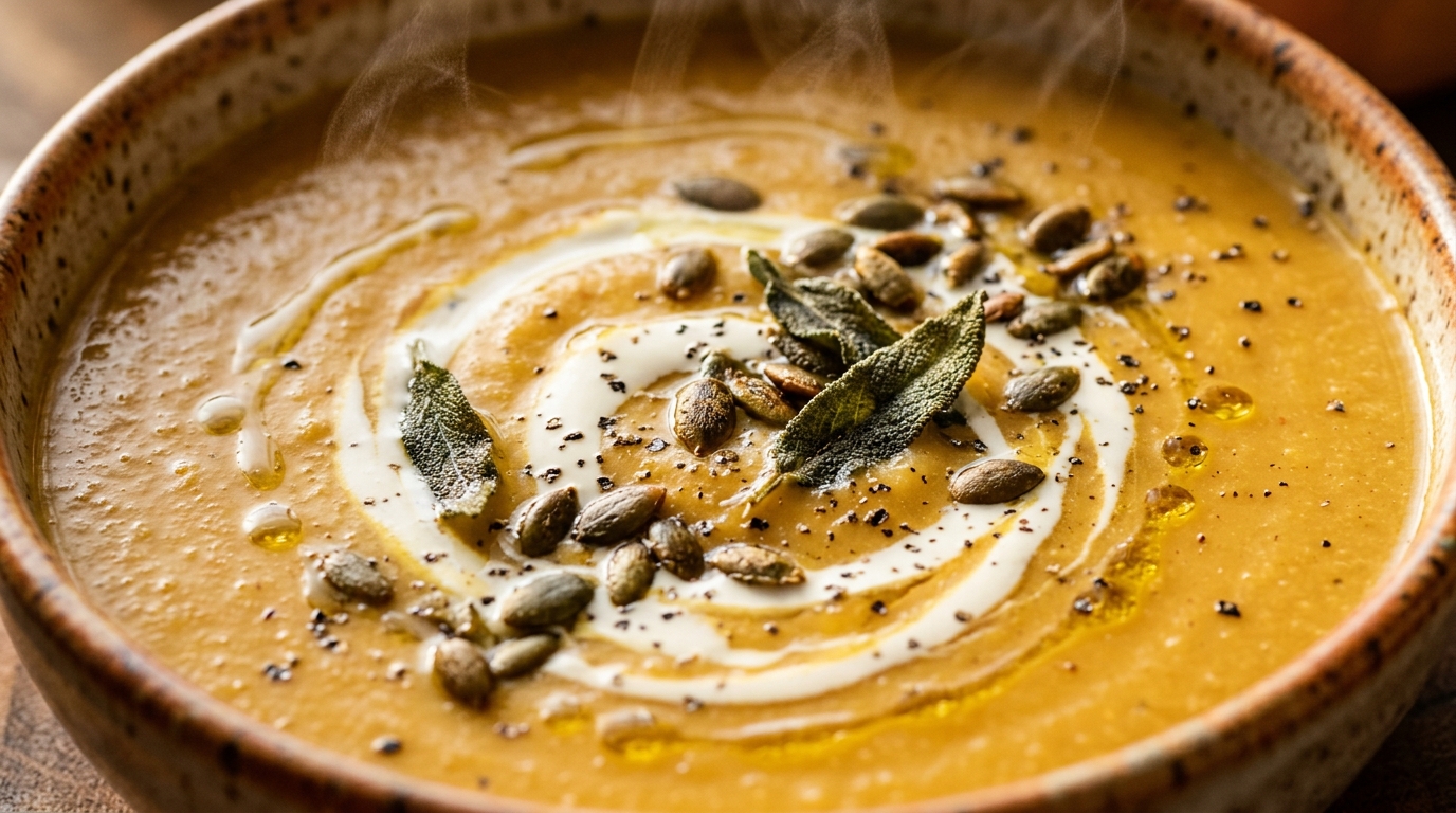 Ultra close-up macro of creamy roasted butternut squash soup with toasted pepitas, sage, and coconut swirl