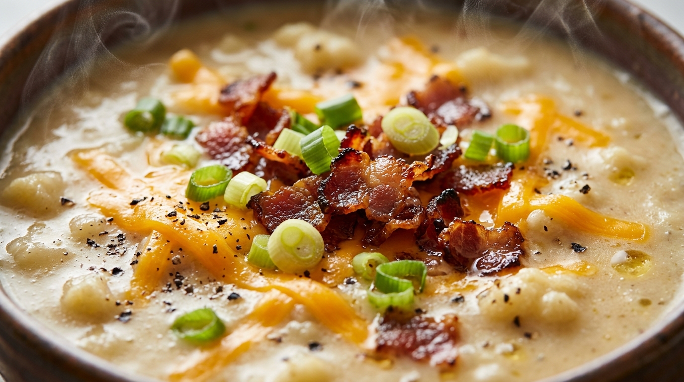 Ultra close-up macro of creamy roasted garlic potato cauliflower soup garnished with fresh chives, cracked pepper, and roasted florets