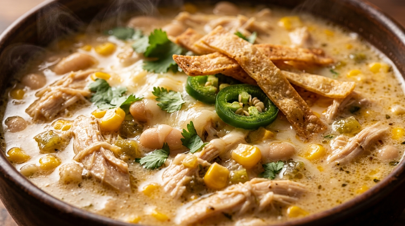Ultra close-up macro of creamy slow cooker white chicken chili with shredded chicken and corn