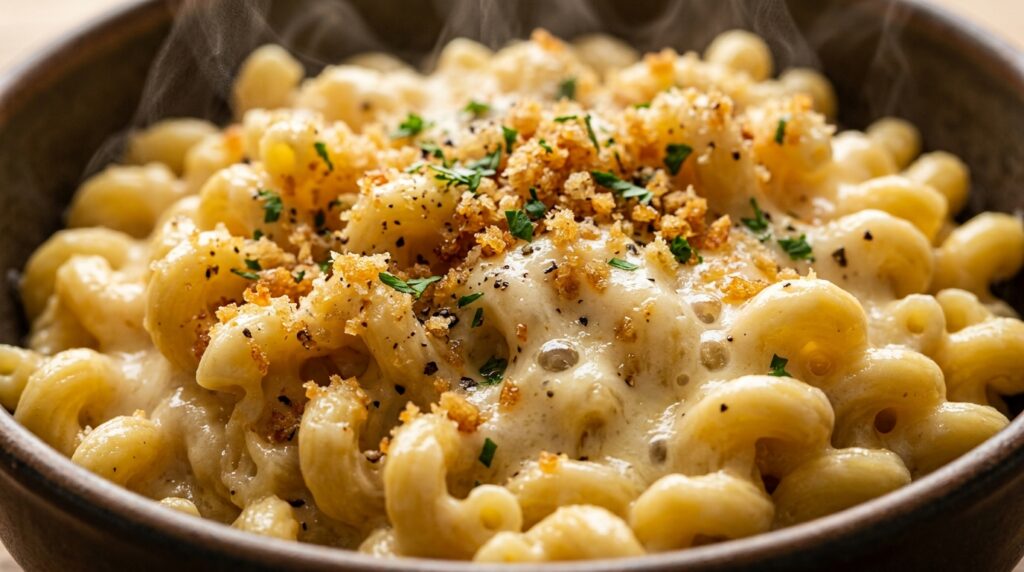 Ultra close-up macro of creamy stovetop white cheddar mac and cheese with velvety melted cheddar and cavatappi noodles