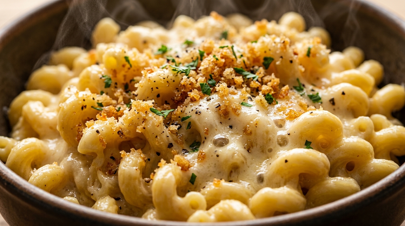 Ultra close-up macro of creamy stovetop white cheddar mac and cheese with glossy sauce and cavatappi pasta